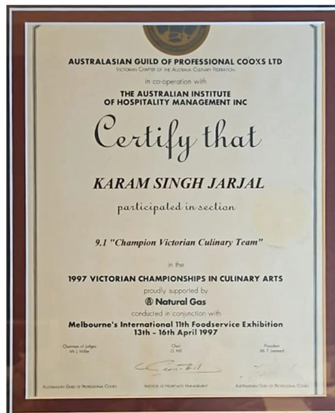 Australasian Guild of Professional Cooks certificate awarded to Karam Singh Jarjal, 1997 Victorian Championships in Culinary Arts