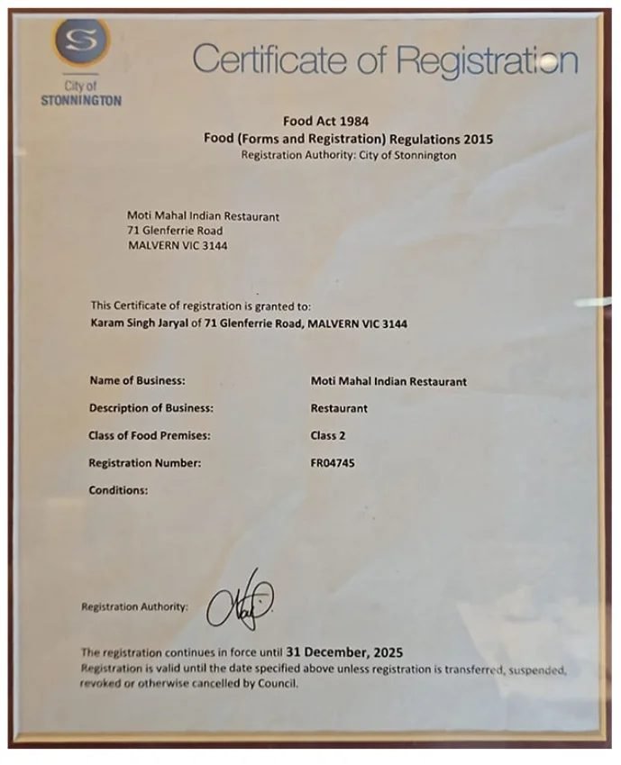 City of Stonnington food premises certificate of registration for Moti Mahal Indian Restaurant